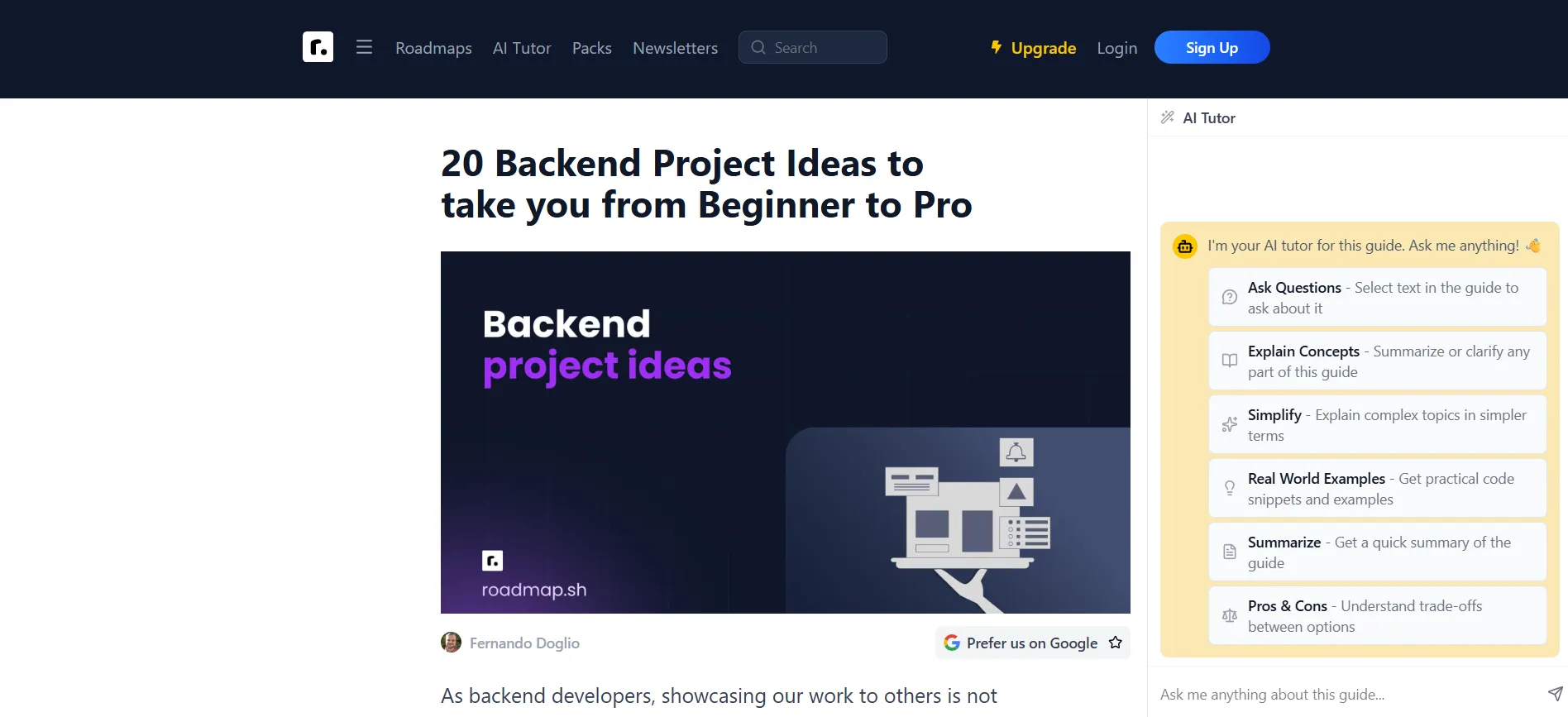 screenshot of the 20 backend projects roadmap from roadmap.sh