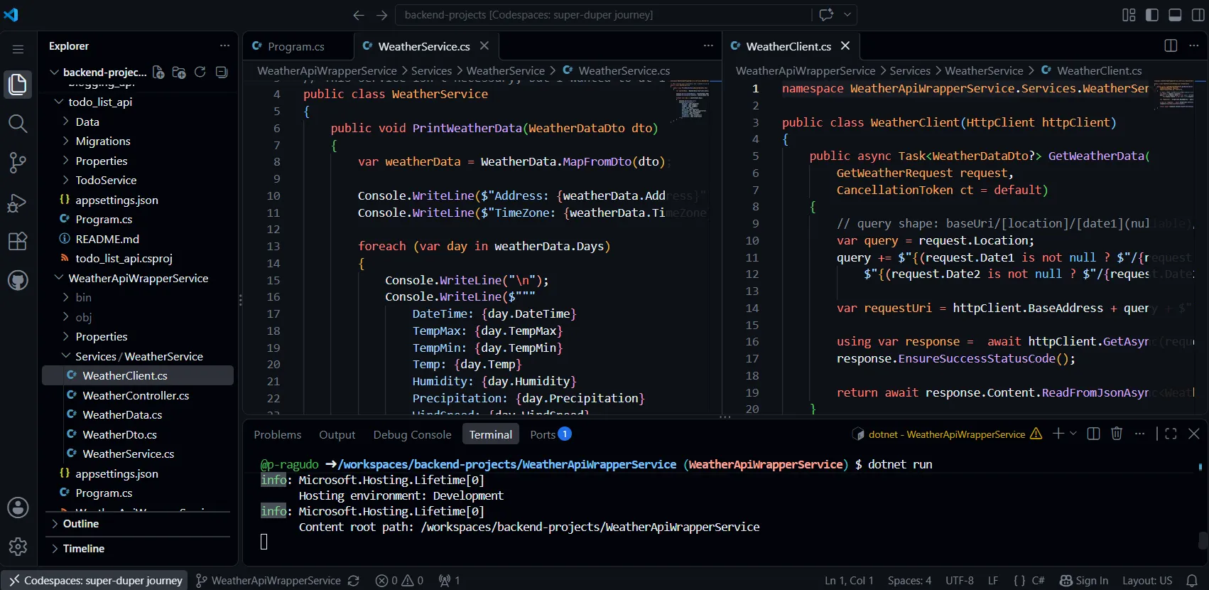 screenshot of github codespace