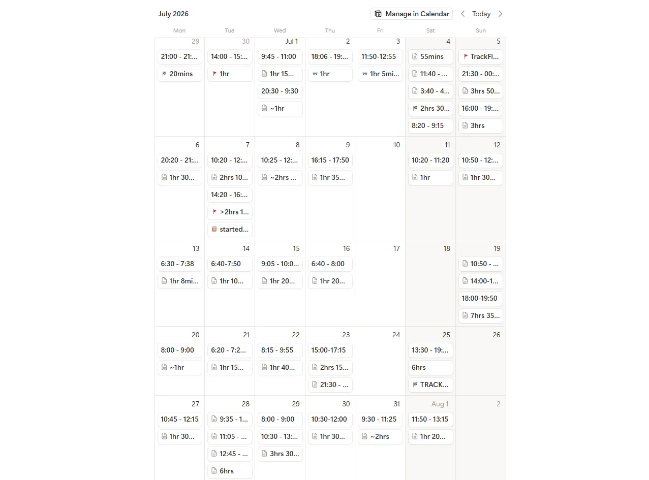 notion calendar showing daily study logs